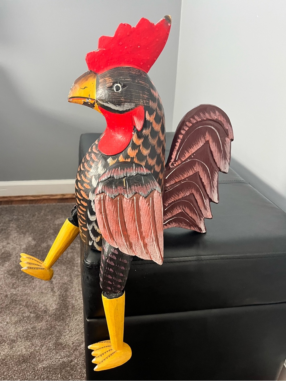 Hand Carved Indonesian Wooden Rooster Folk Art Hinged Legs Wings 12”